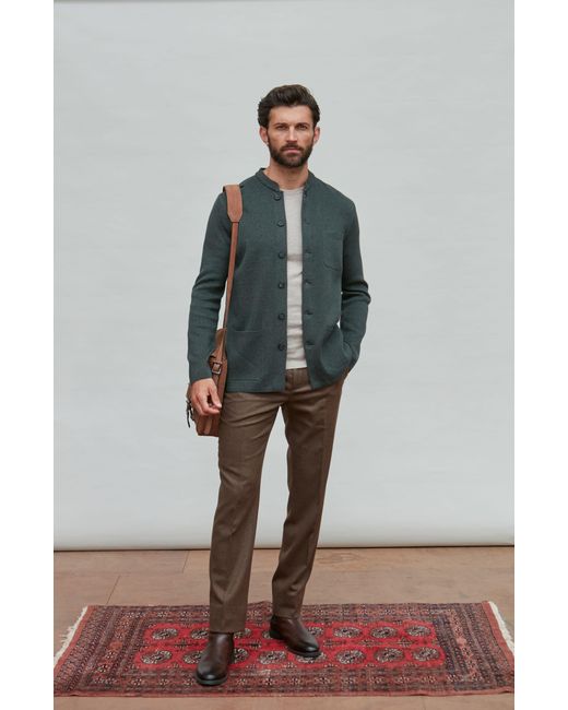Paul James Knitwear Green Midweight Cotton Jaipurr Knitted Nehru Jacket for men