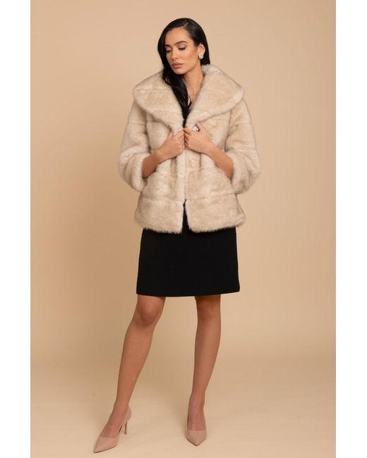 Santinni Natural Satin-Lined Faux Fur Cropped Brooch Coat