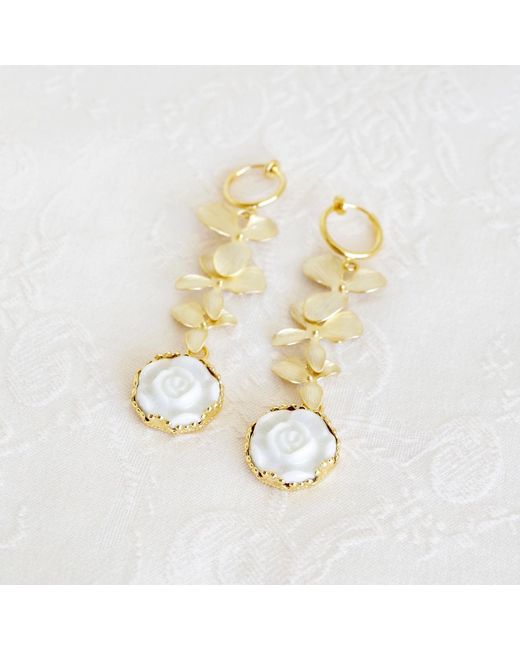 POPORCELAIN Metallic Porcelain Moonlight Rose And Triple Leaves Clip-on Earrings