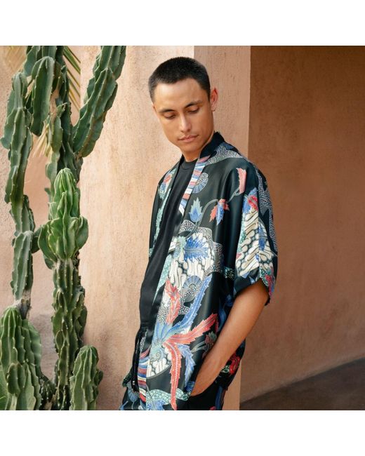 ORIGIN OF HEARTS Black Akari Lightweight Satin Kimono Shirt for men