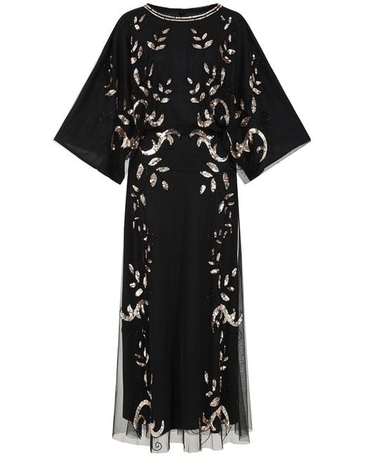 Frock and Frill Black Ambretta Leaf Embellished Maxi Dress With Batwing Sleeves