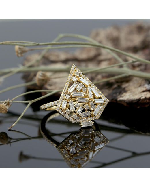 Artisan Metallic Yellow Gold Baguette Diamond Designer Ring Handmade Jewelry