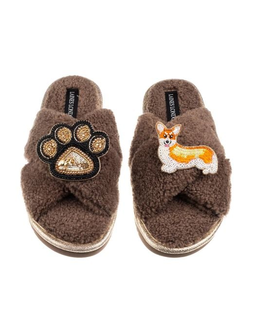 Laines London Brown Neutrals Boucle Slippers With Paw & Peach The Corgi Brooches