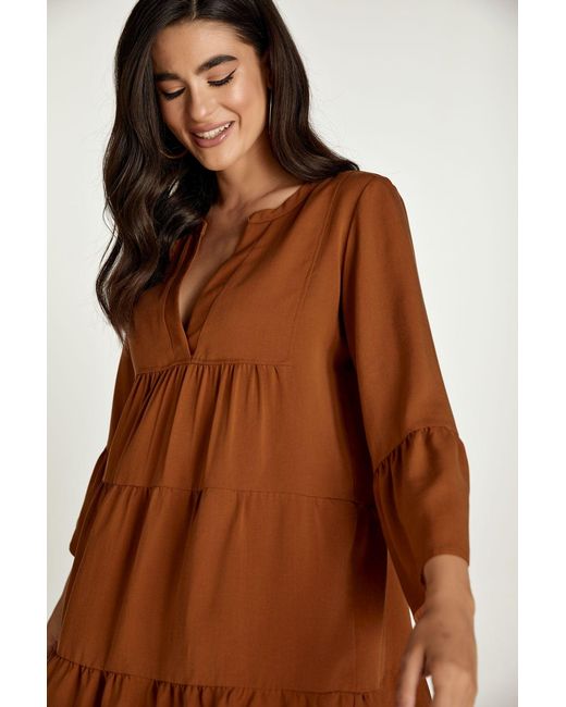 Conquista Brown Chocolate Tencel Gathered Seams Dress