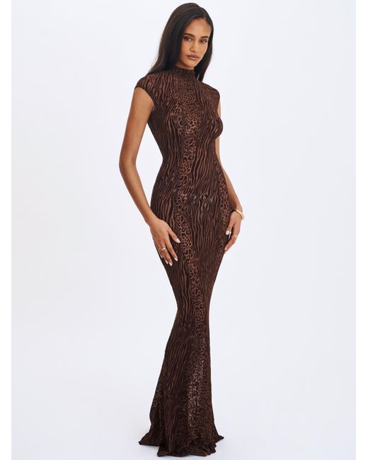 Miss Circle New York Gray Tyanna Mocha Burnout Velvet Mesh Backless Mermaid Maxi Dress