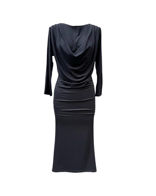 Imaatu Black Oshun Dress Sculpting Elastic Viscose Waterfall Drape Three Quarter Sleeves Midi