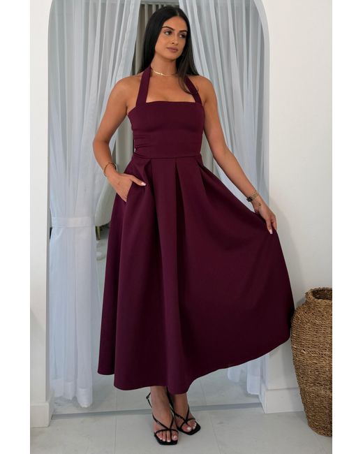 Girl In Mind Purple Briar Halterneck Pleated Skirt Midi Dress Plum