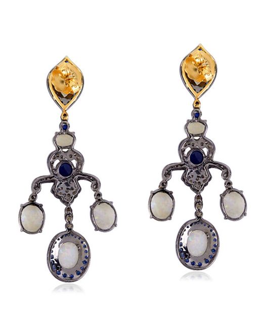 Artisan Blue Sapphire & Opal Pave Diamond Dangle Earrings With 18k Gold In 925 Sterling Silver Designer