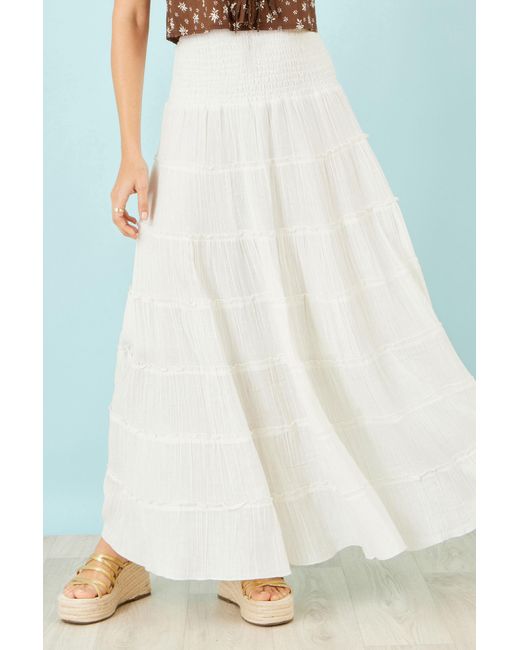 Yumi' White Double Cotton Tiered Boho Maxi Skirt