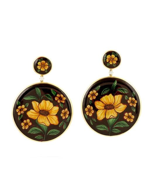 Artisan Metallic 18K Dangle Earrings With Bakelite Flowers & Diamonds