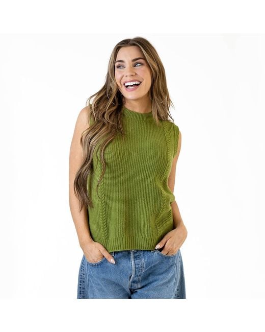 Zenzee Green Wool Cashmere Crew Neck Cable Knit Vest