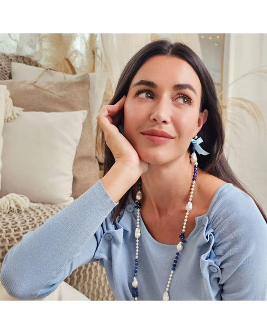 Farra Blue Baroque Pearl With Lapis And Silk Bowknot Earrings