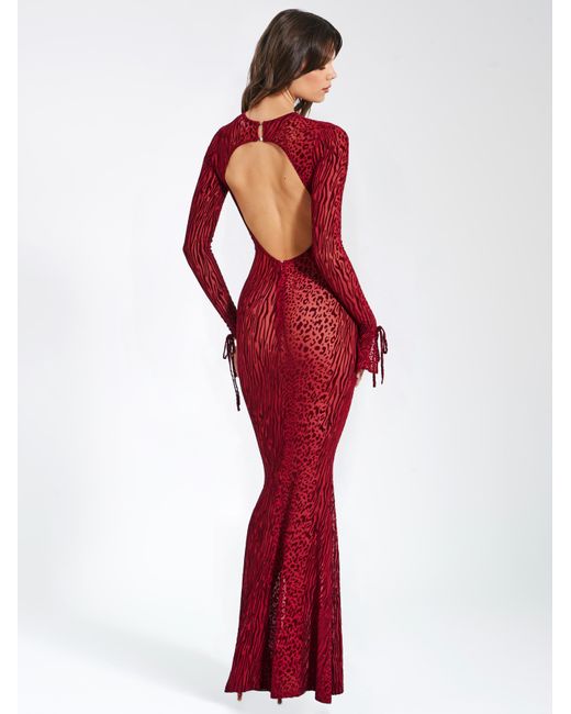 Miss Circle New York Red Waylynn Burnout Velvet Detail Mesh Backless Maxi Dress