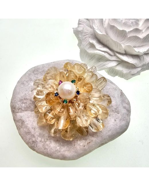 Farra Yellow Prosperity Citrine Beads Flower Brooch