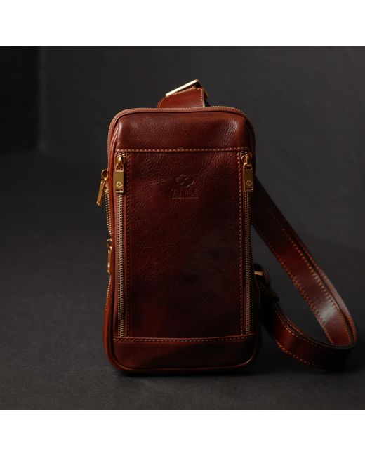 Time Resistance Brown Leather Sling Bag Chest Bag for men