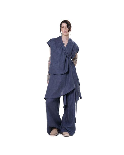 Metamorph Blue Linen Denim Tunic With Draped Collar