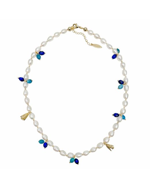Farra White Freshwater Pearls With Blue Gemstone And Flower Charms Necklace