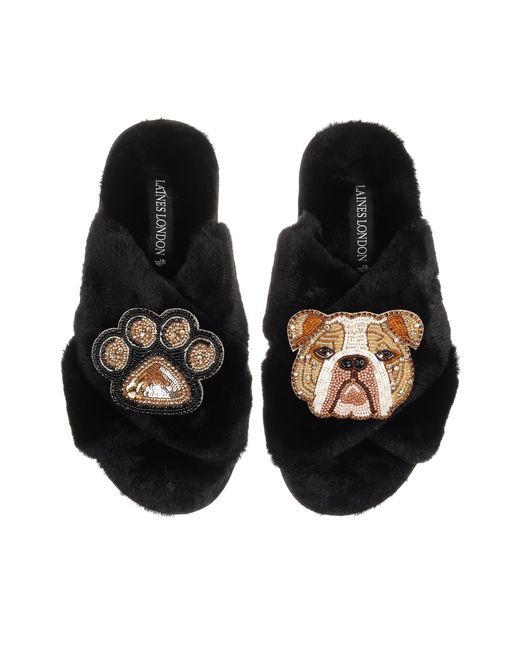 Laines London Black Classic Laines Slippers With Mr Beefy Bulldog & Paw Brooches