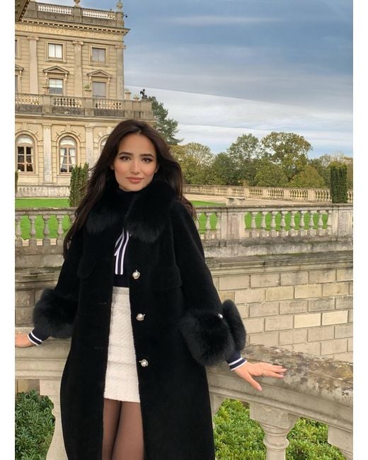 Santinni Black Hayworth Wool & Faux Fur Coat