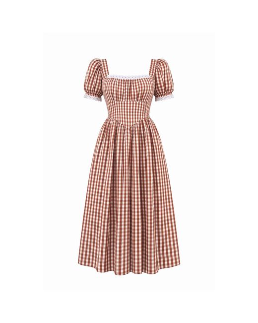 Echo of Pink Red Solene Gingham Hand Block Print Cotton Midi Dress