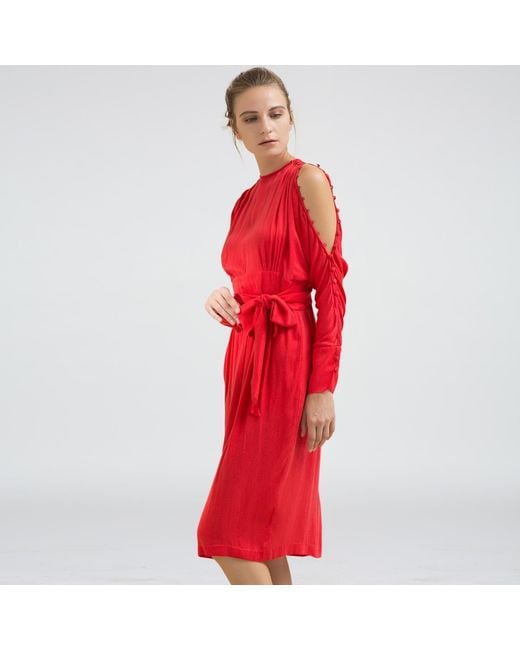 Smart and Joy Red Long-Sleeved Fitted Dress With Off-Shoulders