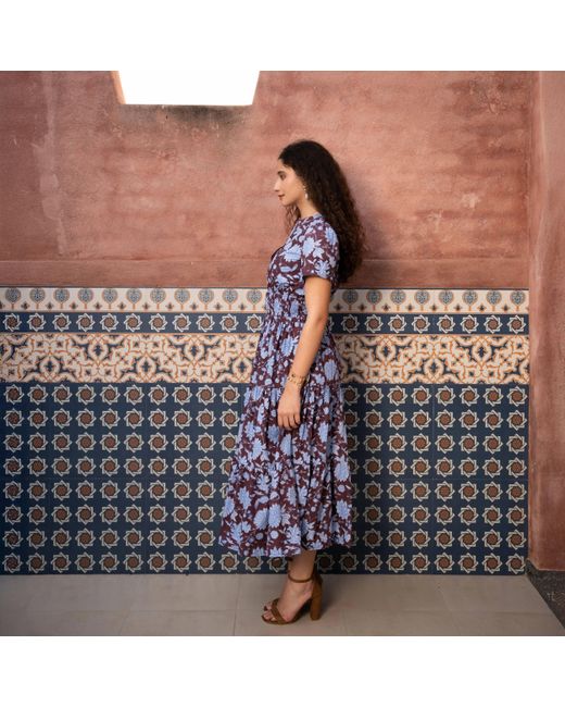 Echo of Pink Blue Evelyn Hand Block Print Maxi Cotton Tiered Dress