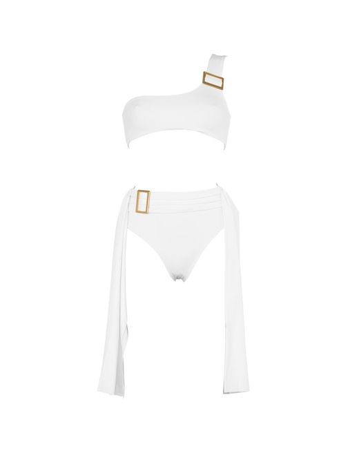 ANTONINIAS White Dulcet One-shoulder Bikini Top With Golden Buckle In