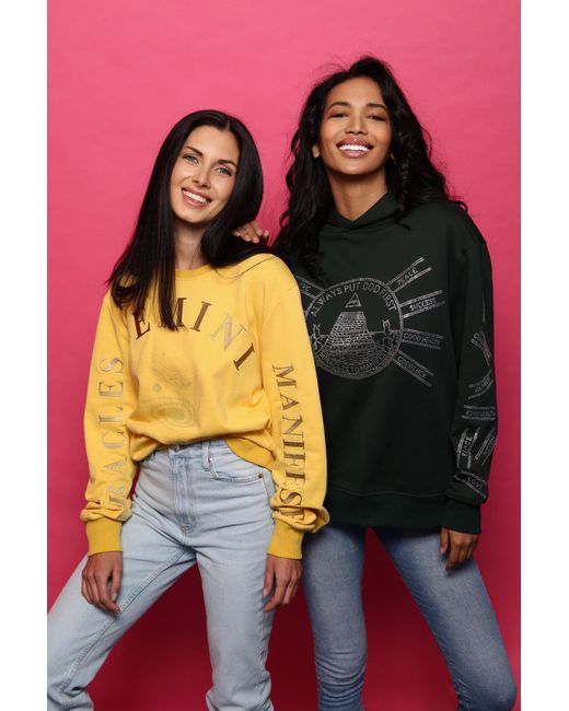 Miracles Manifester Yellow Oversized Embroidered Gemini Sign Sweatshirt