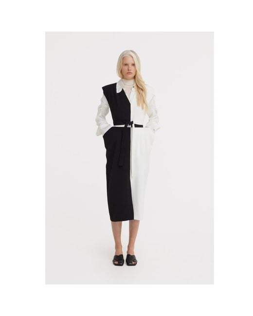 Julia Allert Black Neutrals Fashion Midi Dress With Belt And Bold Shoulders – & Ivory
