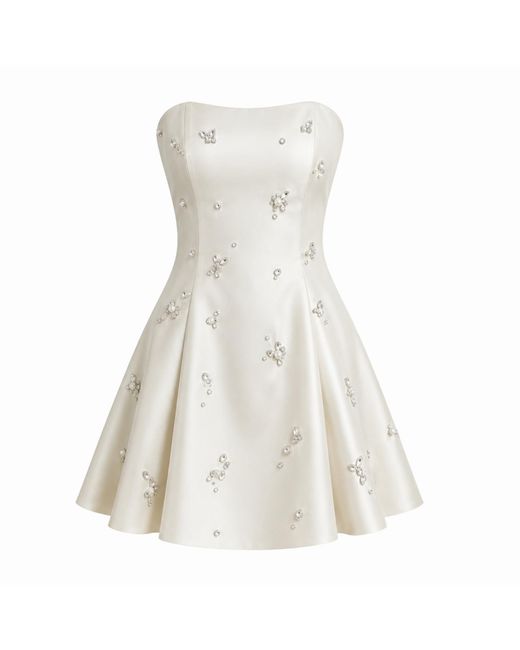 Gushka White Ivory Crystal And Pearl Embellished Bridal Mini Dress