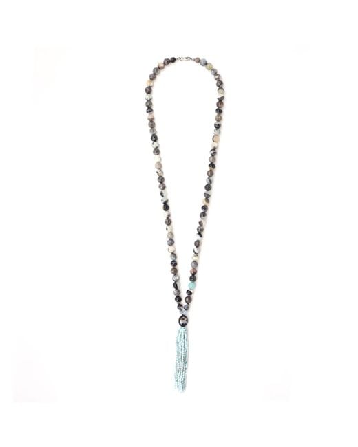 Shar Oke Metallic Neutrals Natural Amazonite & Larimar Tassel Beaded Necklace