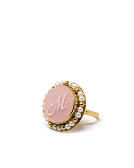 Vintouch Italy Gold Vermeil Pink Cameo Pearl Ring Initial M