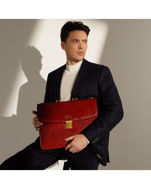 Time Resistance Red Leather Briefcase for men