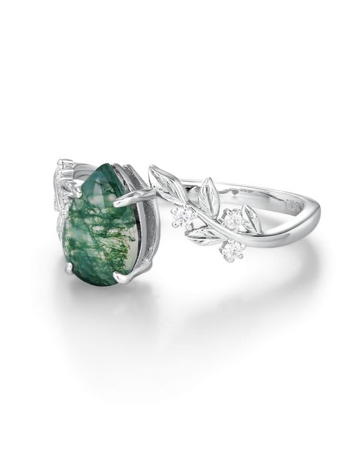 Azura Jewelry New York Green Between The Leaf Pear Moss Agate Ring Vermeil