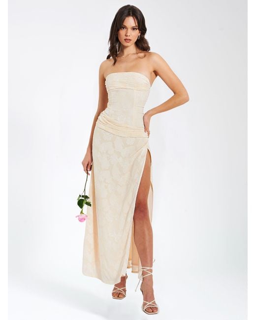 Miss Circle New York White Neutrals Xatia Off Jacquard Textured High Slit Maxi Dress