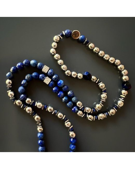 Ebru Jewelry Metallic Lapis Lazuli & Hematite Stone Sterling Hamsa Pendant Beaded Necklace