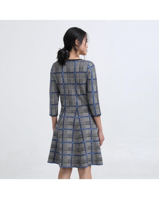 Smart and Joy Blue Fit-And-Flare Tartan Knit Dress