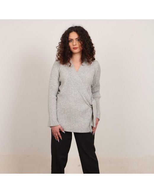 Nuvv Collection Gray Side-Tie Wool Knit Sweater V Neck Italian Yarn