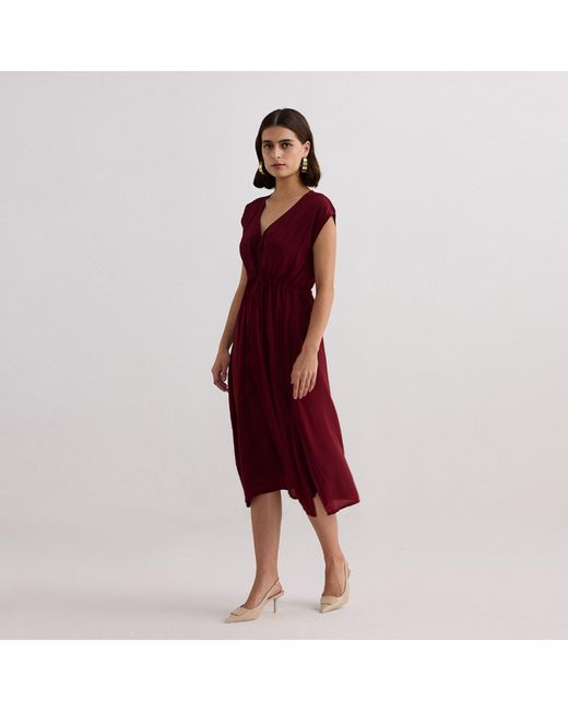REISTOR Deep V-Neck Gathered Crepe Dress