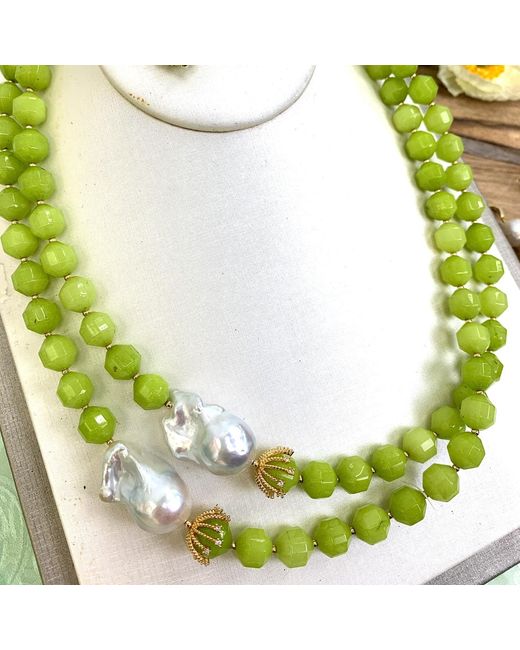 Farra Green Jade With Baroque Pearl Double Strands Necklace