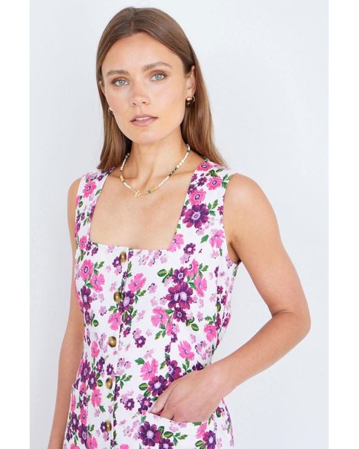 Yumi' Purple Retro Floral Cotton Stretch Pinafore Dress