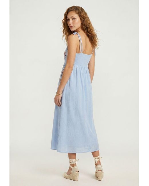 Raffya Blue Furla Smocked Panel Embroidered Midi Dress