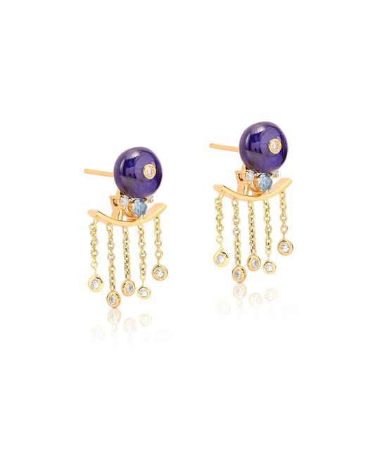 The Jewelz Blue 14K Nightbloom Beads & Aquamarine Diamond Drizzle Danglers Earrings For Gifting