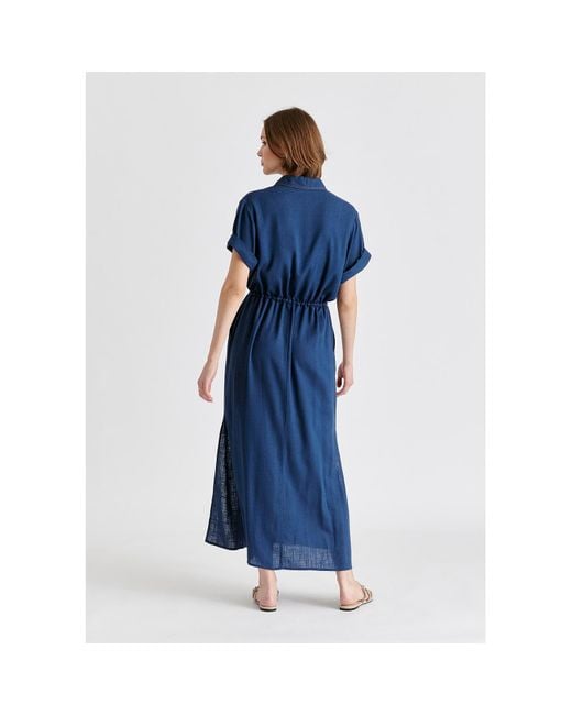 Paisie Blue Linen Blend Shirt Dress With Stitch Details