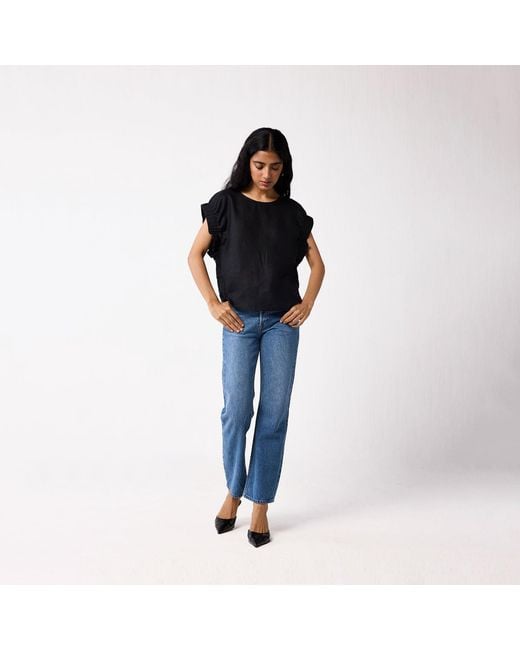 REISTOR Black Hemp Top With Gathered Sleeve Detail