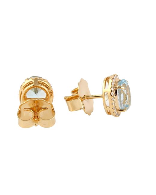 Artisan Metallic Blue Topaz Solid Yellow Gold Natural Diamond Stud Earrings Handmade Jewelry