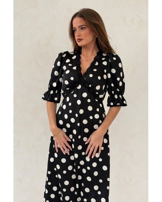 Girl In Mind Black Sharon V-Neck Puff Sleeve Polka Midi Dress