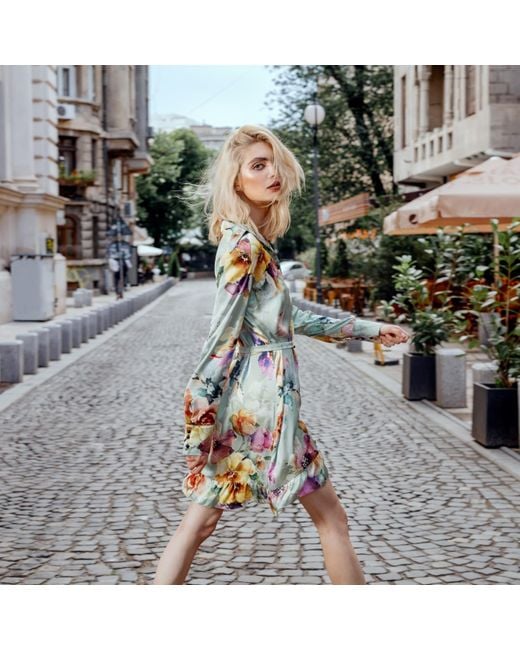 AVENUE No.29 Green Floral Print Satin Shirt Dress