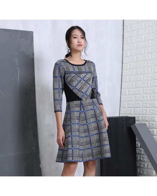Smart and Joy Blue Fit-And-Flare Tartan Knit Dress