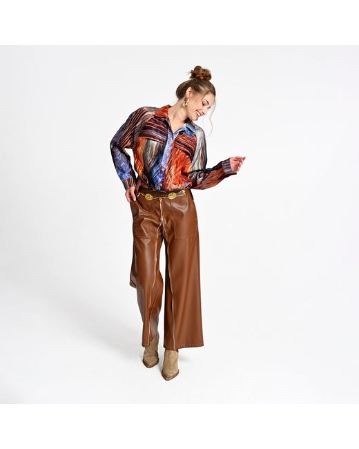 Lalipop Design Brown Wide-Leg Vegan Leather Pants With Front Zipper Detail